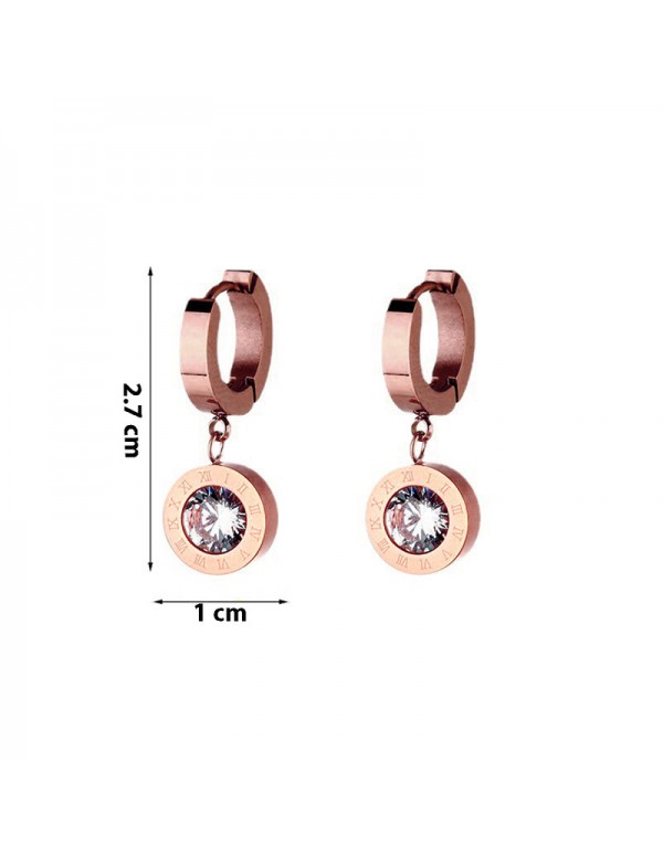 Jewels Galaxy Rose Gold Plated Stainless Steel Circular CZ Studded Roman Numerals Drop Earrings