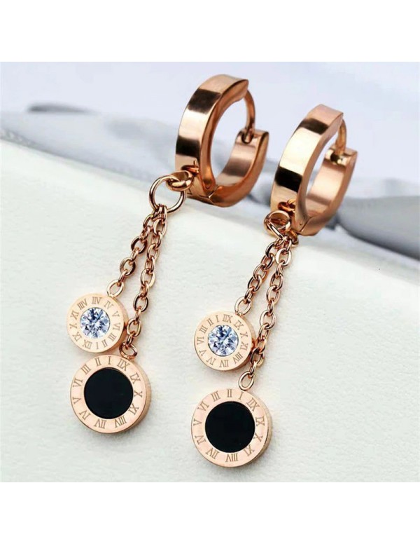 Jewels Galaxy Rose Gold Plated Stainless Steel Circular CZ Studded Roman Numerals Dual Drop Earrings