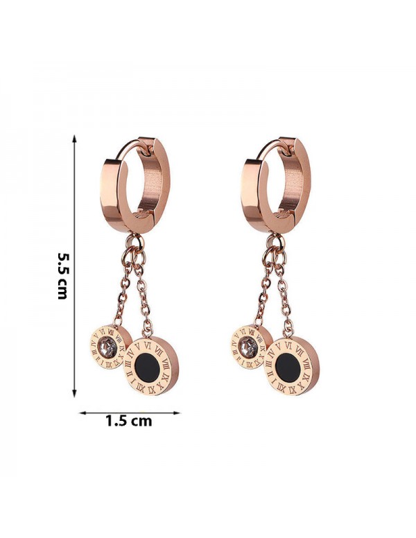Jewels Galaxy Rose Gold Plated Stainless Steel Circular CZ Studded Roman Numerals Dual Drop Earrings