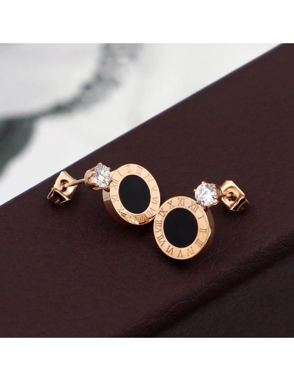 Jewels Galaxy Rose Gold Plated Stainless Steel CZ Studded Black Center Roman Numerals Stud Earrings