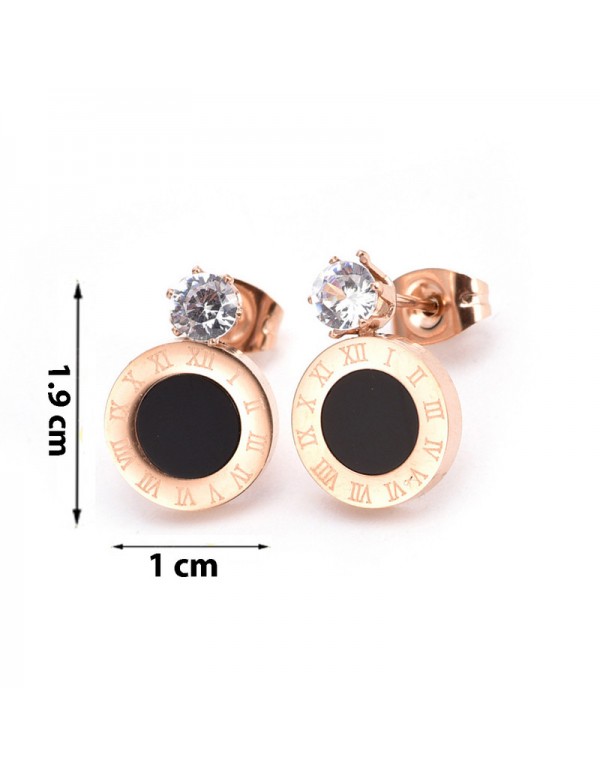 Jewels Galaxy Rose Gold Plated Stainless Steel CZ Studded Black Center Roman Numerals Stud Earrings