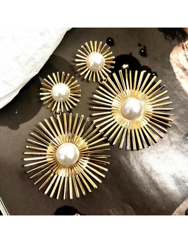 Jewels Galaxy Gold Plated Dual Sun Shaped Korean Pearl Drop Earrings
