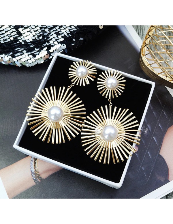 Jewels Galaxy Gold Plated Dual Sun Shaped Korean Pearl Drop Earrings