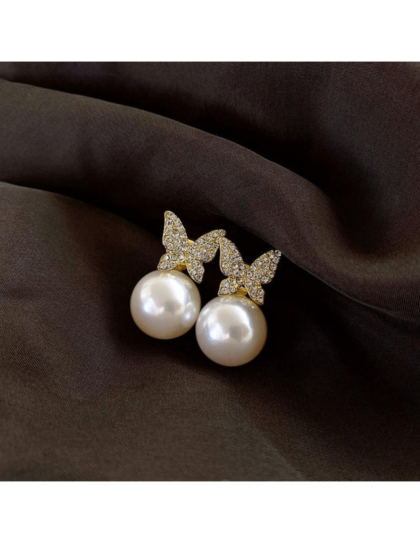 Jewels Galaxy Gold Plated AD and Pearl Butterfly Korean Drop Earrings