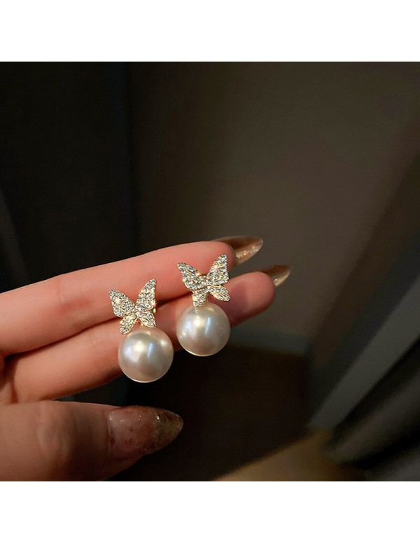 Jewels Galaxy Gold Plated AD and Pearl Butterfly Korean Drop Earrings