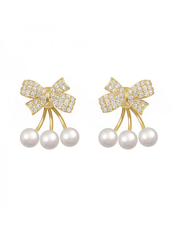 Jewels Galaxy Gold Plated Korean Bow Tie Pearl Stud Earrings