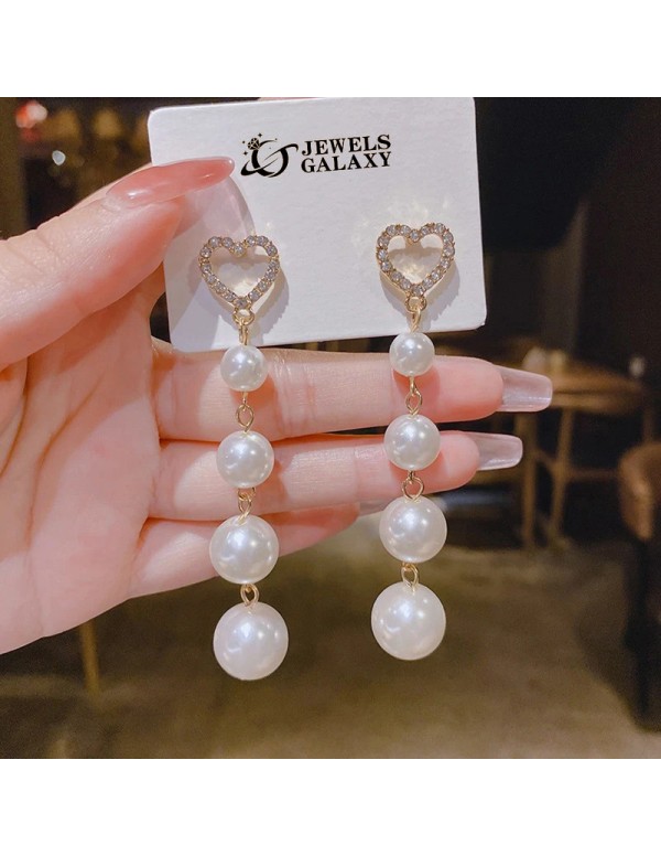 Jewels Galaxy Gold Plated Korean AD and Pearl Heart themed Drop Earrings