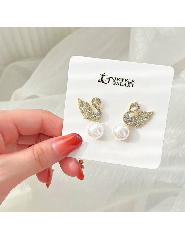 Jewels Galaxy Gold Plated Korean AD Swan Pearl Stud Earrings