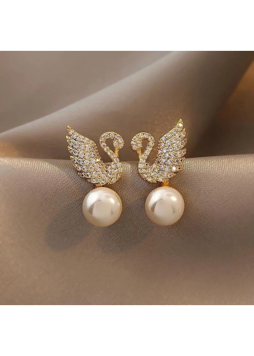 Jewels Galaxy Gold Plated Korean AD Swan Pearl Stud Earrings