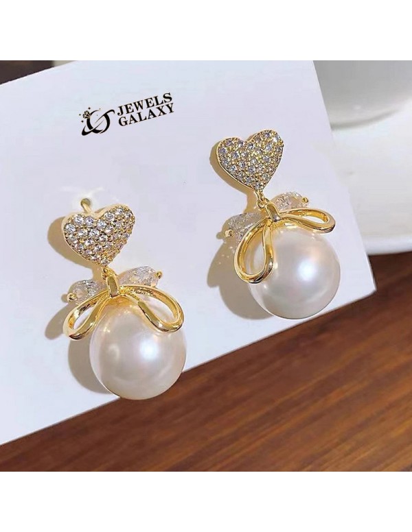 Jewels Galaxy Gold Plated Korean AD Heart themed Pearl Drop Earrings
