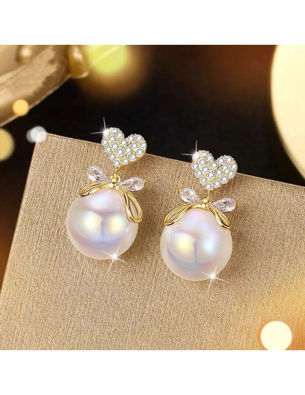 Jewels Galaxy Gold Plated Korean AD Heart themed Pearl Drop Earrings