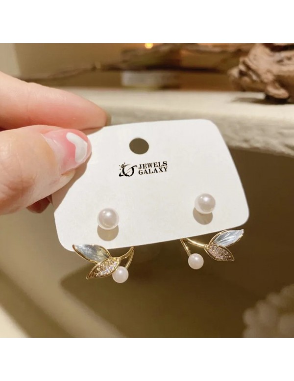 Jewels Galaxy Gold Plated Fashionable Korean Leaf inspired Pearl Drop Earrings