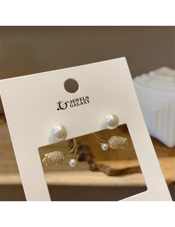 Jewels Galaxy Gold Plated Beautiful Korean Rose Inspired Dual Pearl Stud Earrings