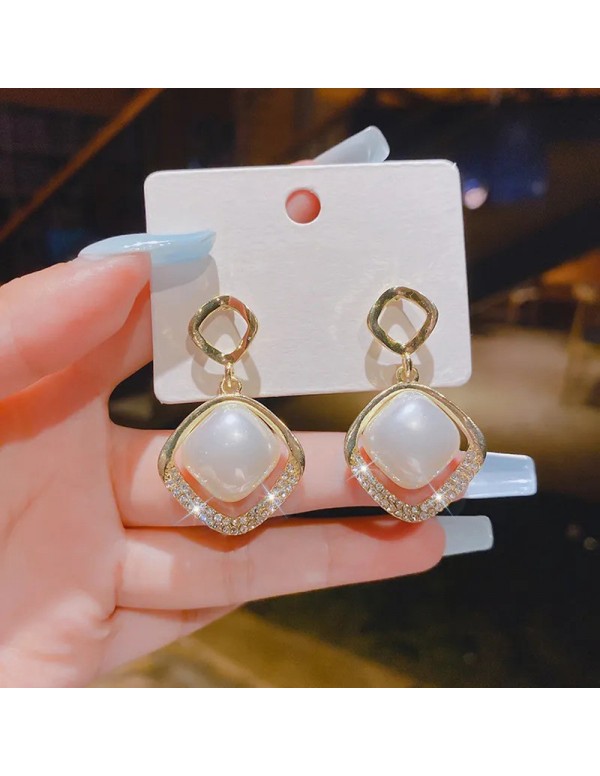 Jewels Galaxy Gold Plated Beautiful Korean AD - Pearl Geometrical Drop Earrings