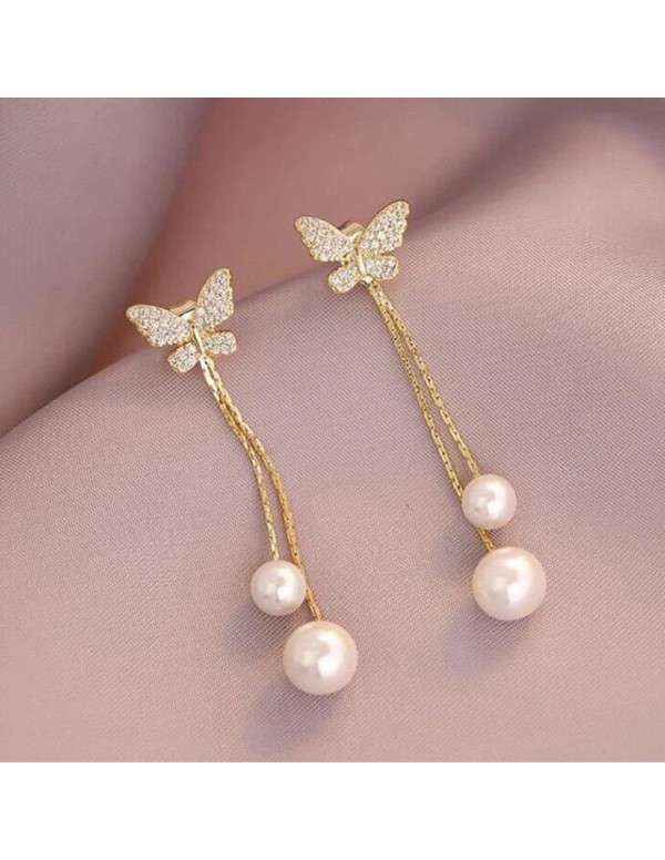 Jewels Galaxy Gold Plated Korean AD studded Ear Cuff with Butterfly Pearl Drop Earrings