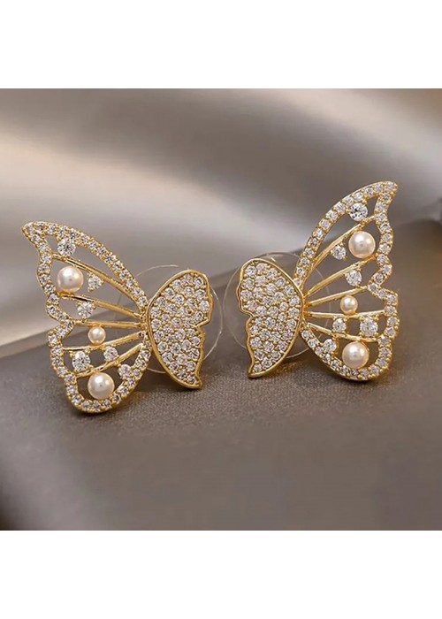 Jewels Galaxy Gold Plated Korean AD Studded Ear Cuff With Butterfly Stud Earrings