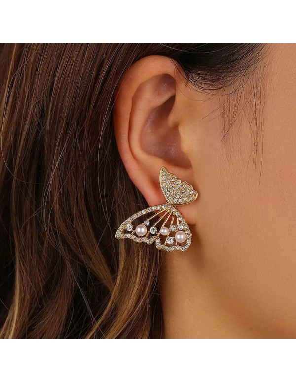 Jewels Galaxy Gold Plated Korean AD Studded Ear Cuff With Butterfly Stud Earrings