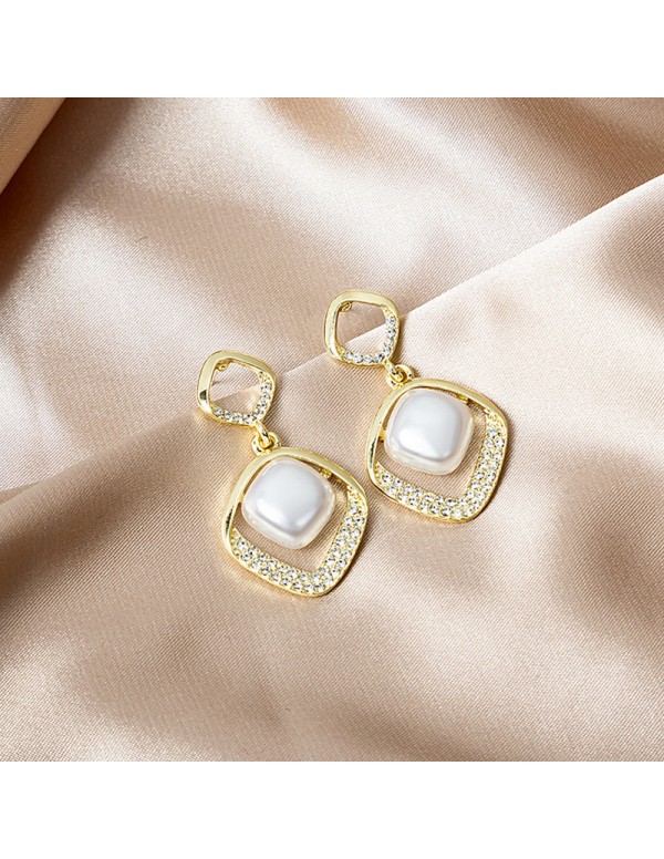 Jewels Galaxy Gold Plated Beautiful Korean AD - Pearl Geometrical Drop Earrings