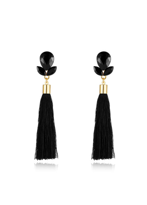 Jewels Galaxy Black Stone-Studded Tasseled Drop Earrings 9691