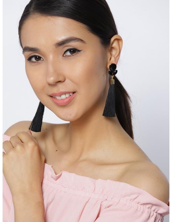 Jewels Galaxy Black Stone-Studded Tasseled Drop Earrings 9691