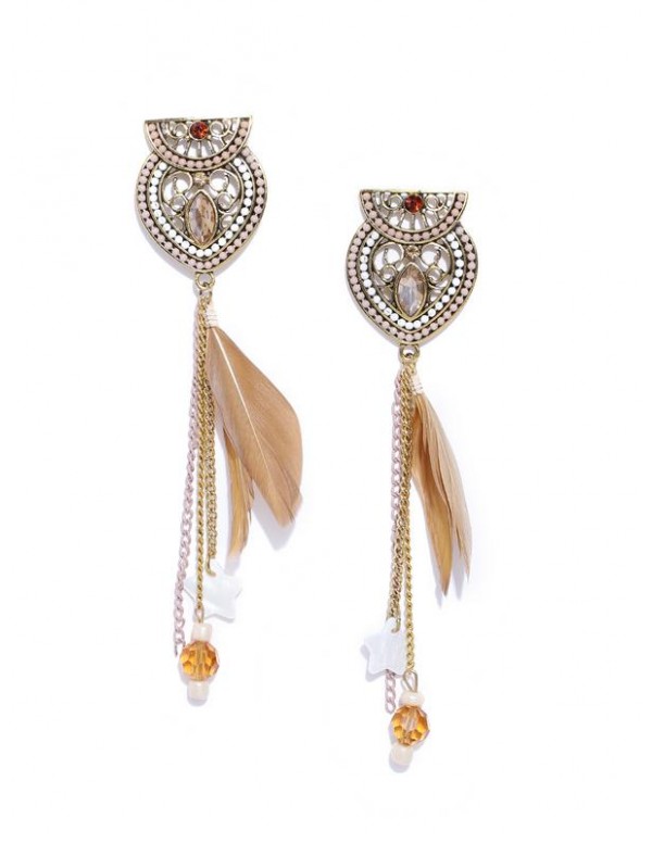 Jewels Galaxy Beige & Off-White Gold-Plated Handcrafted Contemporary Drop Earrings 35070