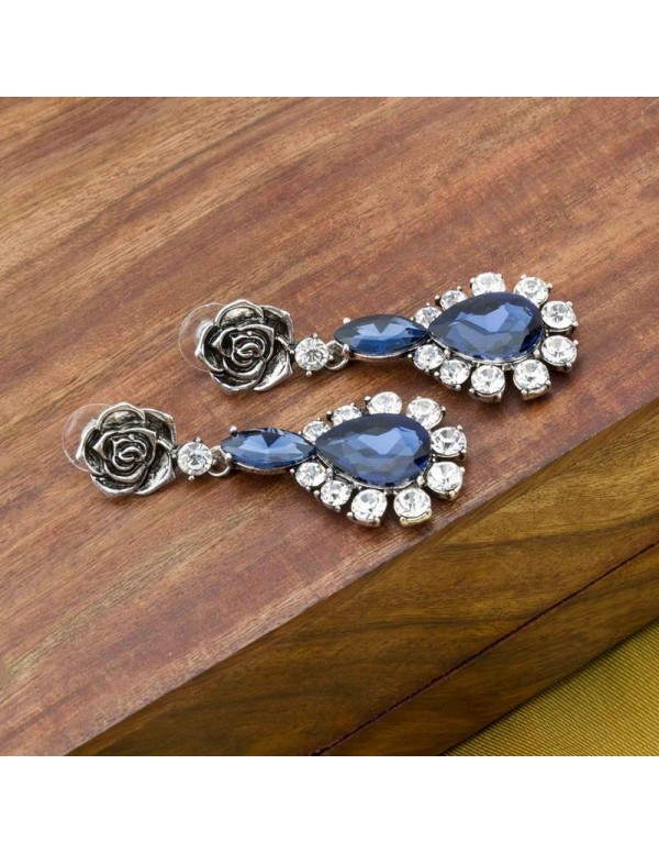 Jewels Galaxy Oxidized Silver-Toned & Navy Luxuria Rhodium-Plated Handcrafted Earrings 9588