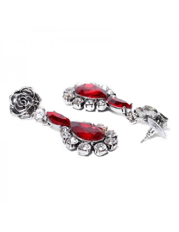 Jewels Galaxy Oxidized Silver-Toned & Red Luxuria Rhodium-Plated Handcrafted Drop Earrings 9589