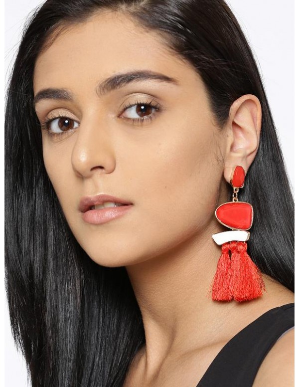 Jewels Galaxy Red & White Luxuria Gold-Plated Handcrafted Tasseled Drop Earrings 9619