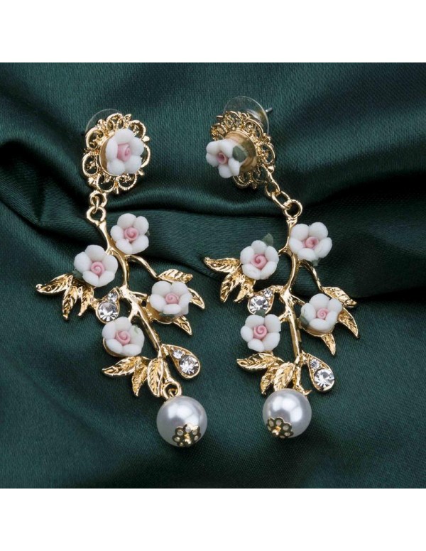 Jewels Galaxy White Luxuria Gold-Plated Handcrafted Floral Drop Earrings 9622