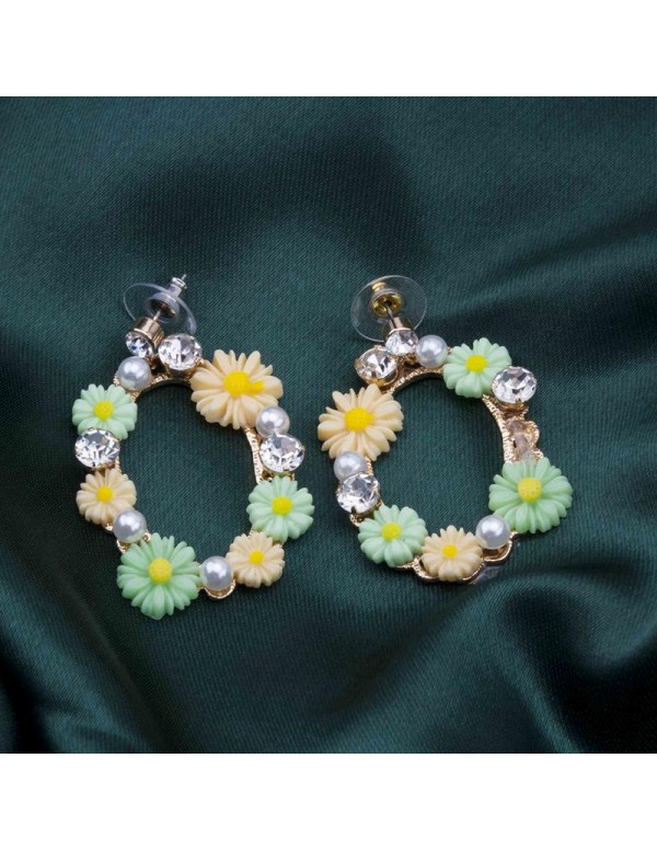 Jewels Galaxy Green & Cream-Coloured Luxuria Gold-plated Handcrafted Floral Drop Earrings 9627