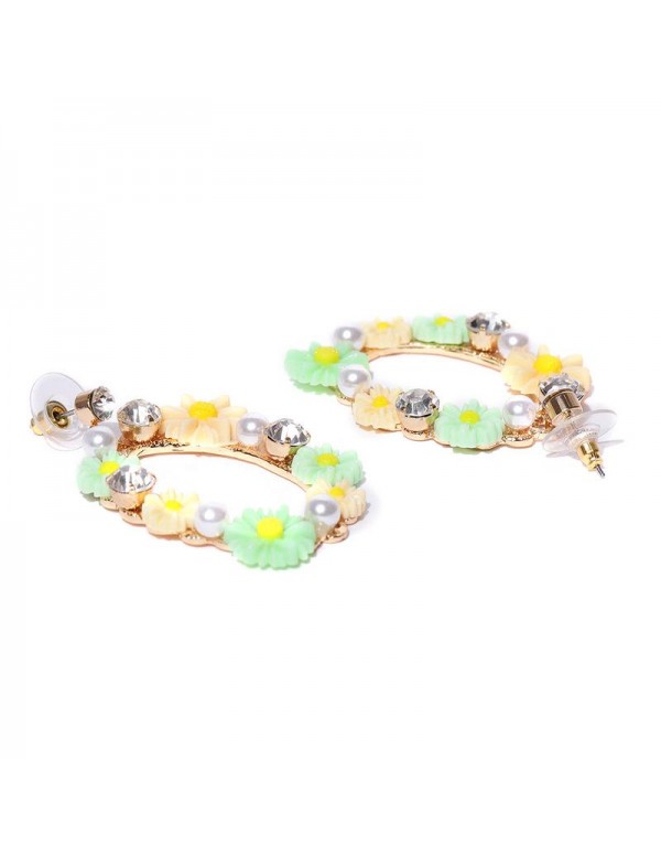 Jewels Galaxy Green & Cream-Coloured Luxuria Gold-plated Handcrafted Floral Drop Earrings 9627