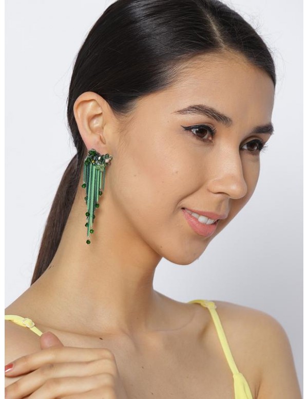 Jewels Galaxy Green Gold-Plated Tasseled Contemporary Drop Earrings  9664