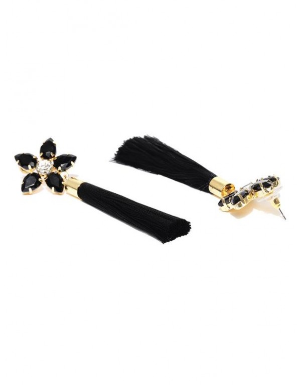 Jewels Galaxy Black Gold-Plated Tasseled Floral Drop Earrings 9685