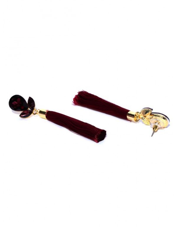 Jewels Galaxy Maroon Gold-Plated Tasseled Contemporary Drop Earrings  9693
