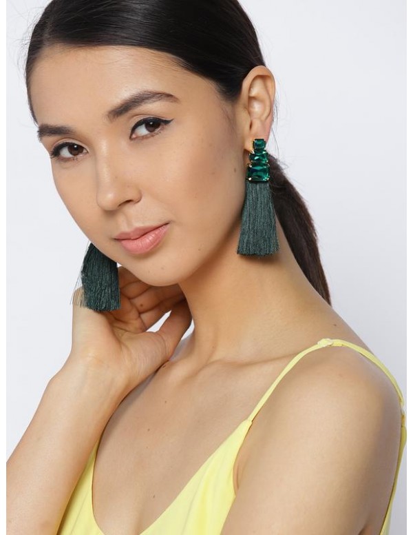 Jewels Galaxy Green Gold-Plated Tasseled Contemporary Drop Earrings 9719