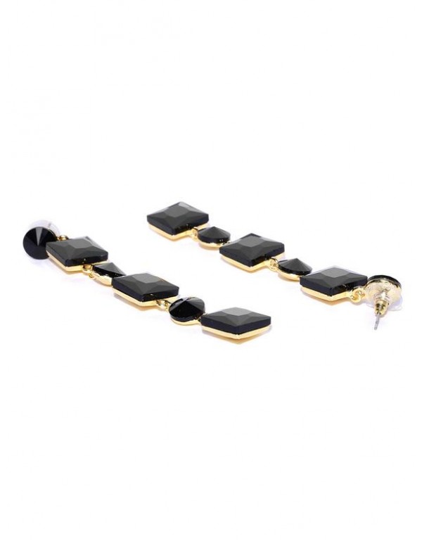 Jewels Galaxy Black Gold-Plated Stone-Studded Geometric Drop Earrings  9837