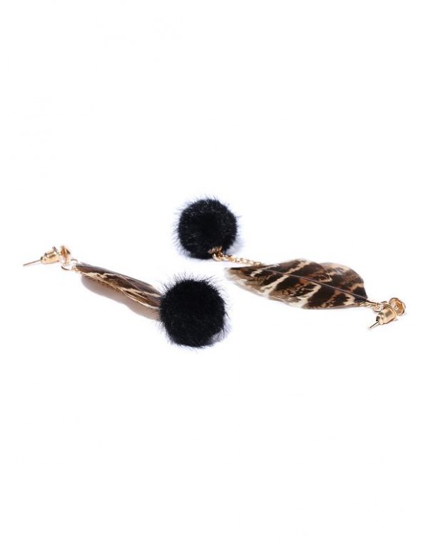 Jewels Galaxy Black & Brown Gold-Plated Feather Shaped Drop Earrings  9857