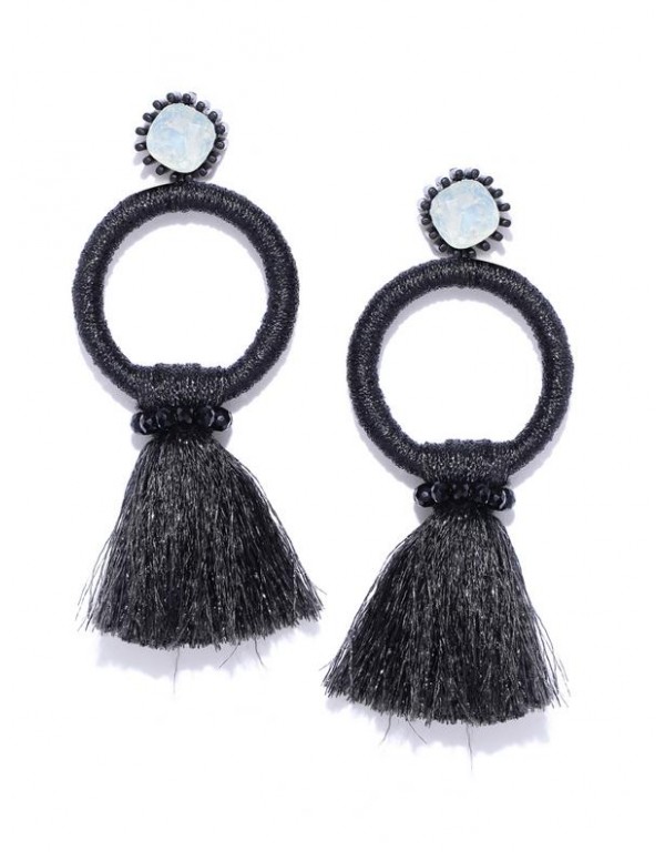 Jewels Galaxy Black Handcrafted Tasseled Contemporary Drop Earrings 9879