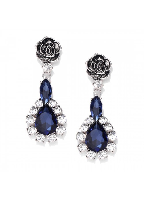 Jewels Galaxy Oxidized Silver-Toned & Navy Luxuria Rhodium-Plated Handcrafted Earrings 9588