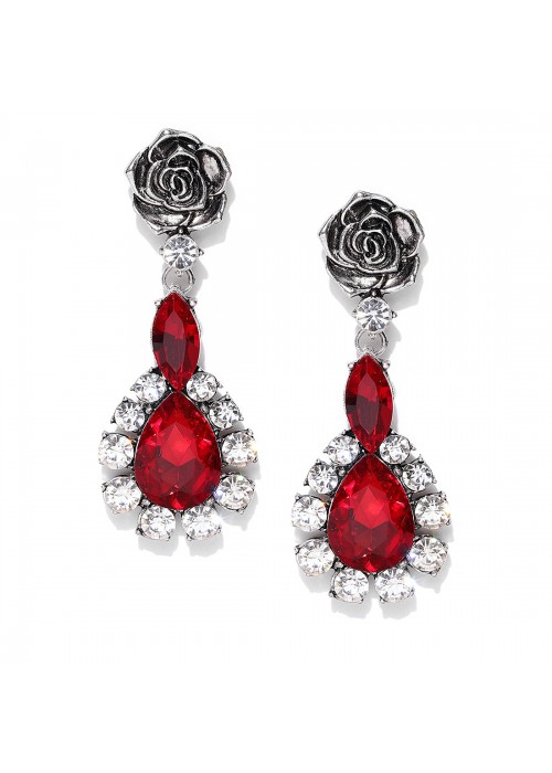Jewels Galaxy Oxidized Silver-Toned & Red Luxuria Rhodium-Plated Handcrafted Drop Earrings 9589