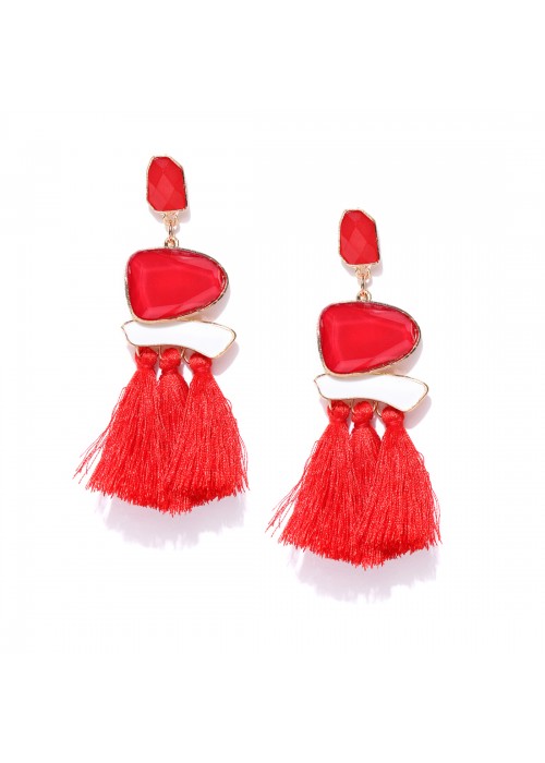 Jewels Galaxy Red & White Luxuria Gold-Plated Handcrafted Tasseled Drop Earrings 9619