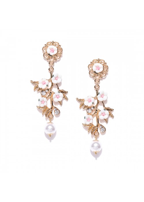 Jewels Galaxy White Luxuria Gold-Plated Handcrafted Floral Drop Earrings 9622