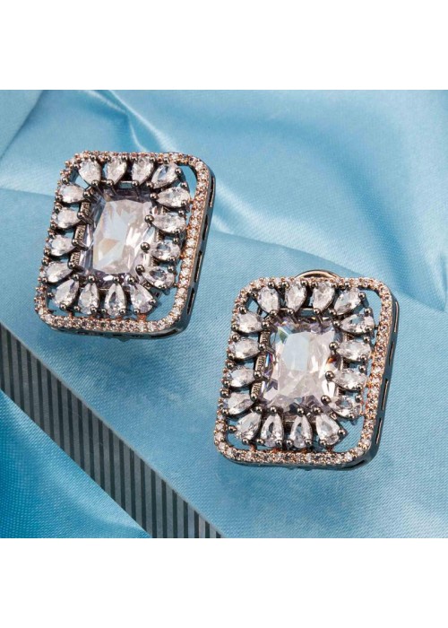 Rhodium Plated - Silver Toned American Diamond Designer Studs 64005