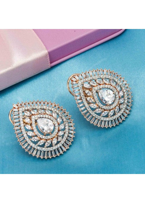 Rose Gold Toned- American Diamond Premium Designer Drop Earrings 64010