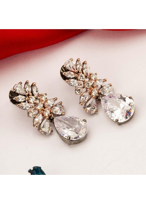 Rose Gold Toned- American Diamond Premium Designer Drop Earrings 64012