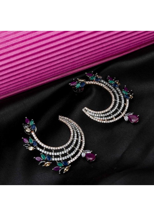 Rose Gold Toned - American Diamond Multicolor Premium Designer Drop Earrings 64015