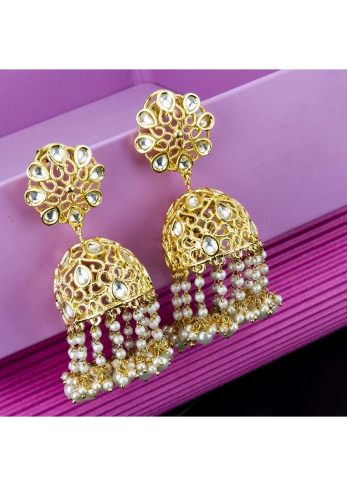 Gold Toned - Kundan Studded Premium Designer Jhumka Earrings 64018