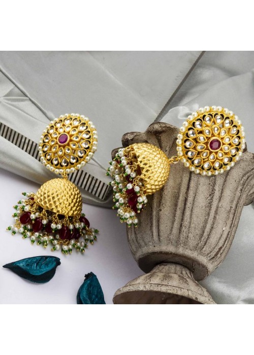 Gold Toned - Kundan Studded Premium Designer Jhumka Earrings 64019