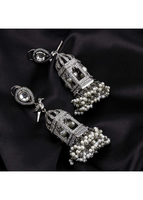 Rhodium Plated - Silver Toned American Diamond Premium Designer Drop Earrings 64022