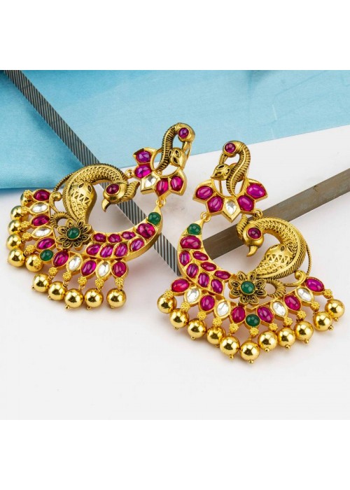 Gold Toned - Ruby Studded Premium Designer Drop Earrings 64030